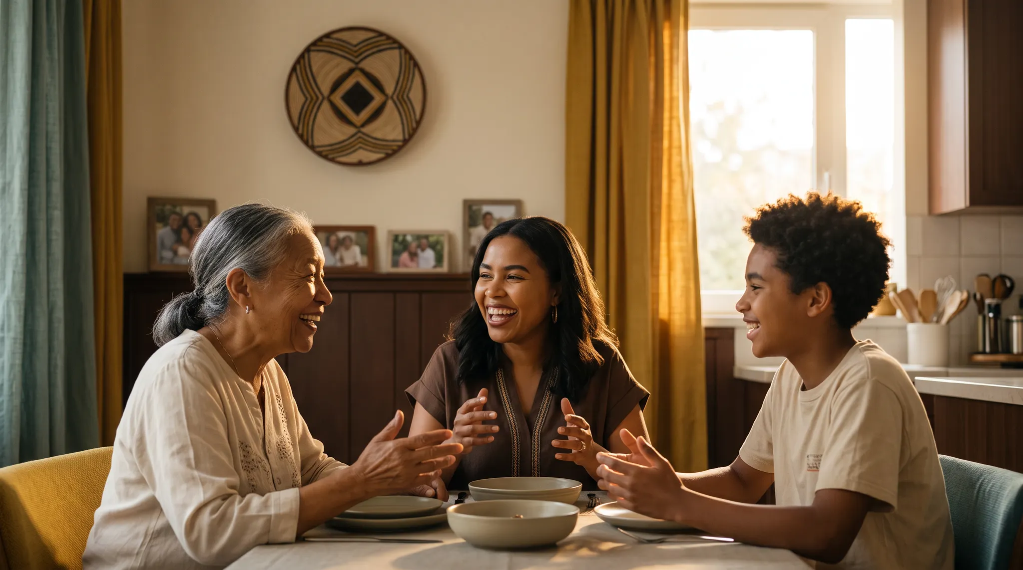 A family sharing a warm conversation at home