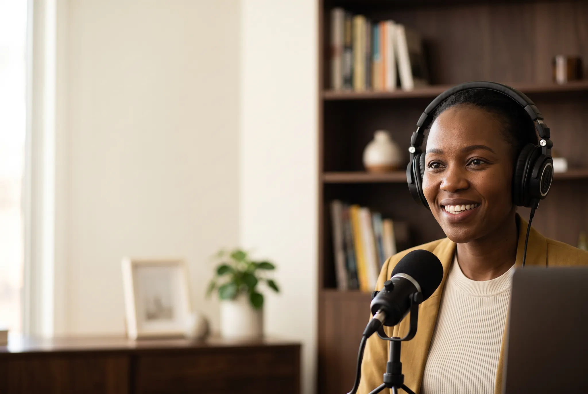 A language instructor recording an audio lesson